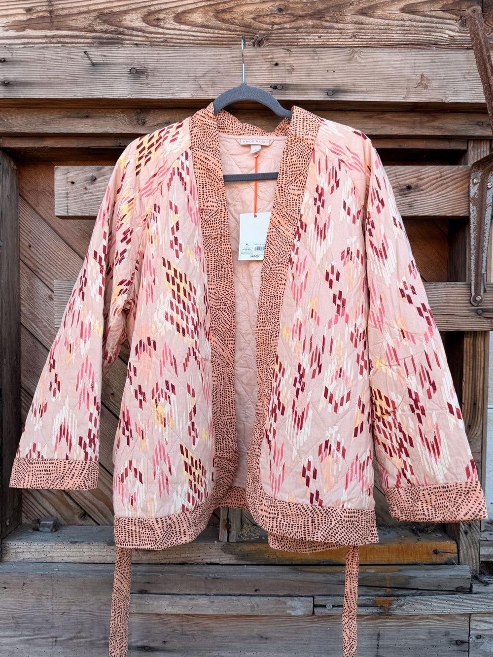 Knox Rose Pink Patterned Open-Front Cardigan with Coral & Burgundy Accents